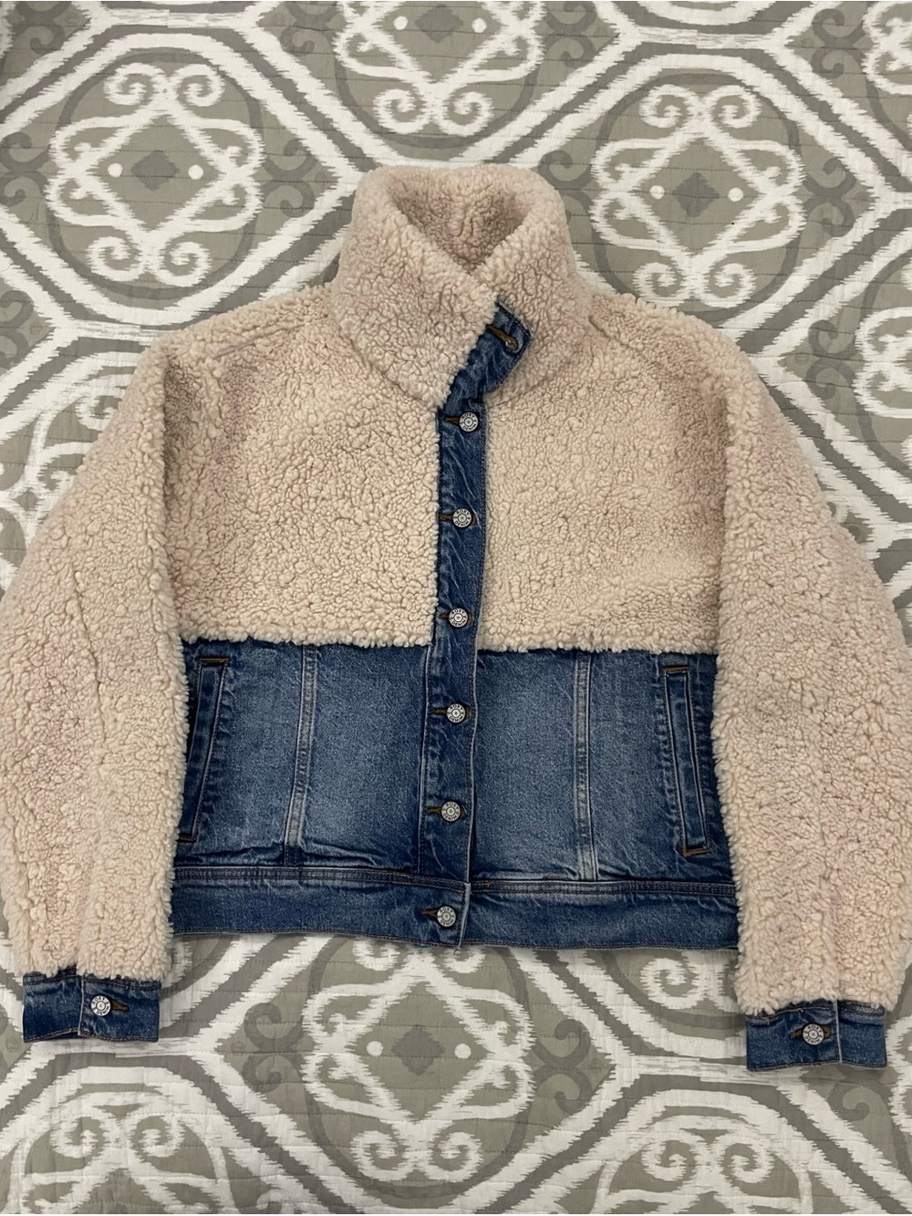 Roxy Cream Sherpa Jacket with Blue Denim Trim
